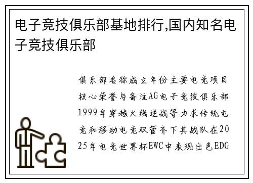 电子竞技俱乐部基地排行,国内知名电子竞技俱乐部